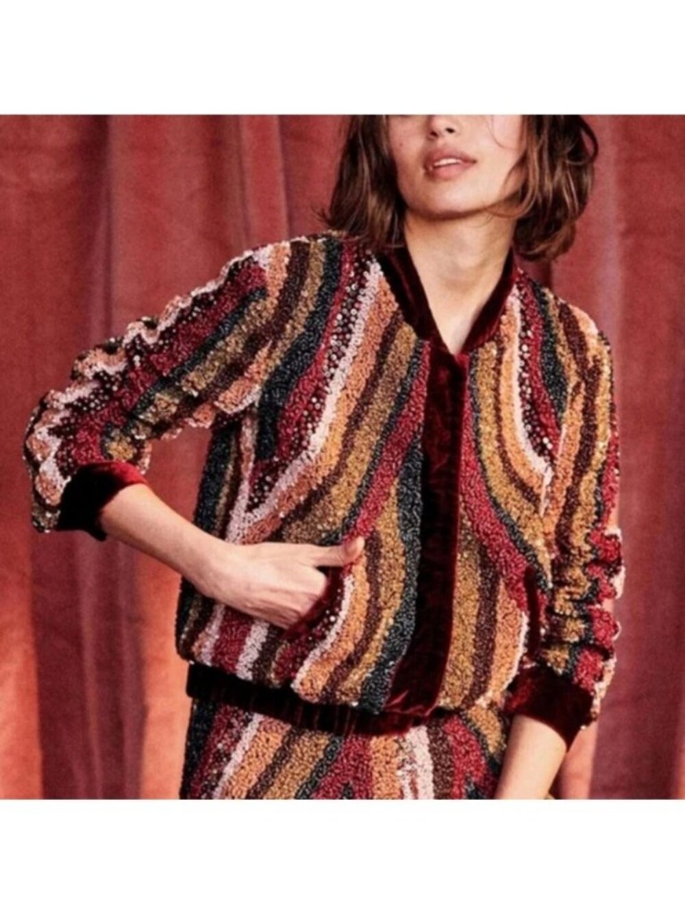 Sézane Rare Beaded Byron Sequin Bomber Jacket